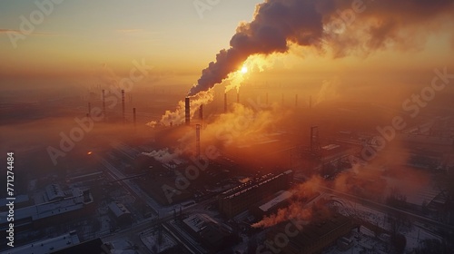 A metallurgical factory at sunrise emitting harmful pollutants causing air pollution captured in aerial photographs.