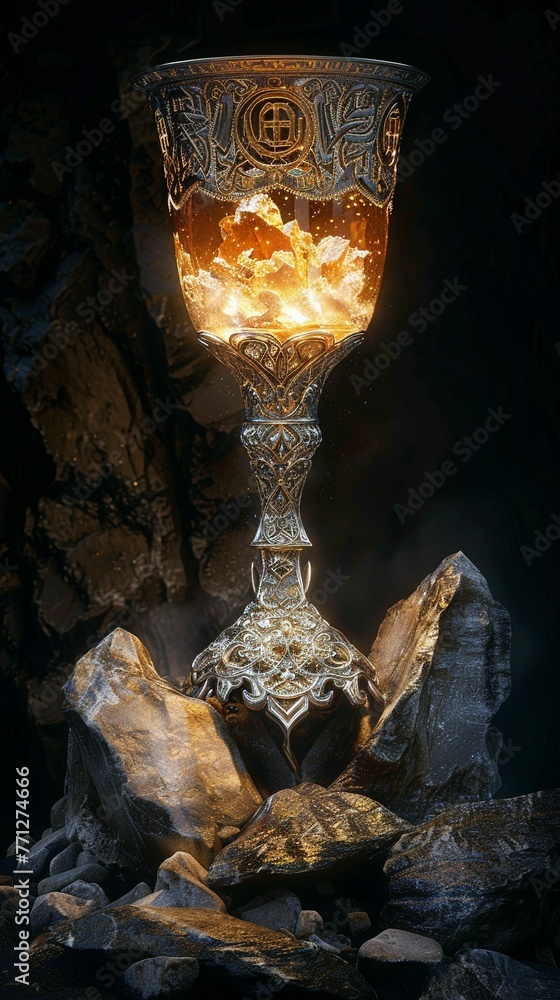 Crystal Goblet, Silver Trim, Engraved with Runes, Sitting on a Stone Pedestal, Overflowing with Shimmering Liquid Gold, Mythical Aura,