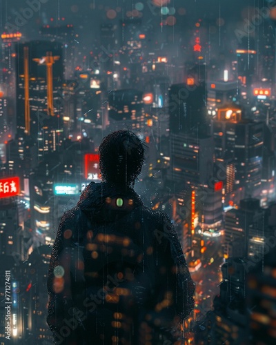Digital nomad, urban surroundings, futuristic cityscape with neon lights, rainy, photography, golden hour, depth of field bokeh effect