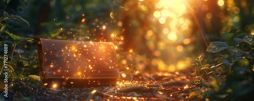 Enchanted Wallet, trinkets of hope, sparking wonder, on a mystical forest path, Photography, Golden hour, Depth of field bokeh effect photo