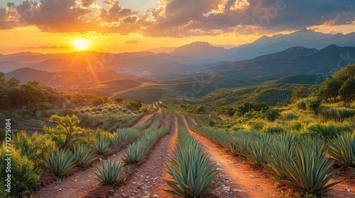 Dusk above Agave plantation for Tequila manufacturing in Mexico.