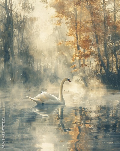 Majestic White Swan  Feathers gliding gently  A serene and tranquil lake  Watercolor illustration  Ethereal and delicate aura  Subtle sunlight filtering through the trees