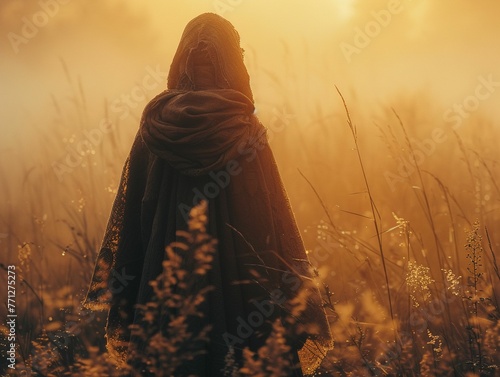 Memory Thief, Cloak, Intriguing, Captivated by memories of alternate selves, Foggy, Photography, Golden hour, Depth of field bokeh effect photo