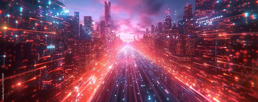 Neon Cityscape, Glowing Data Streams, Virtual Reality Hub in a future world exploring the utopian and dystopian outcomes of hyper-connectivity
