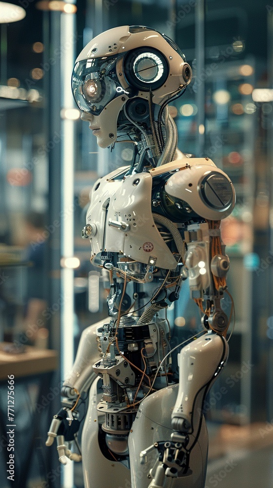 Fototapeta premium Robotics Engineer, Nanotechnology, Enhancing Human Abilities, Amidst a high-tech workshop, filled with robotic limbs