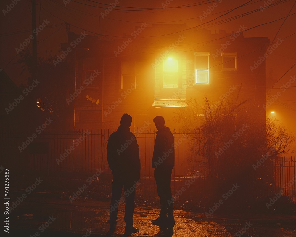 Fototapeta premium Safe House, hidden stash of money, tense exchange between rival gang members, foggy night setting, realistic, golden hour lighting, lens flare