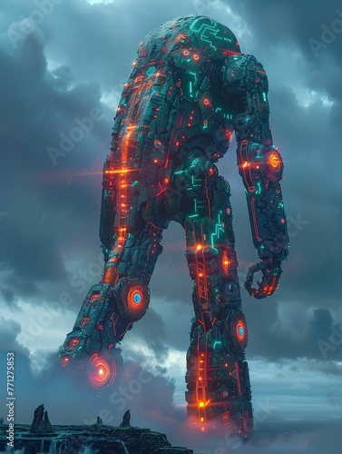 Techno-Organic Beast, glowing circuit patterns, towering over a cybernetic landscape, in a stormy weather (Photography, Backlights, Chromatic aberration)