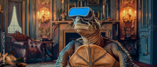 An enlightened turtle participating in virtual fitness classes in a Neo Victorian setting photo