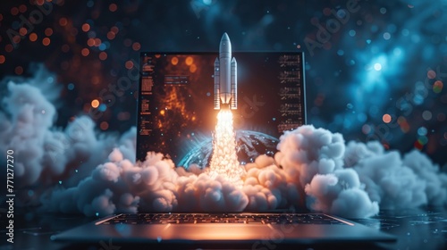  Digital Exploration: Rocket Blasts Off from Laptop, the spirit of exploration in the digital realm with an image of a rocket blasting off from the screen of a laptop, AI