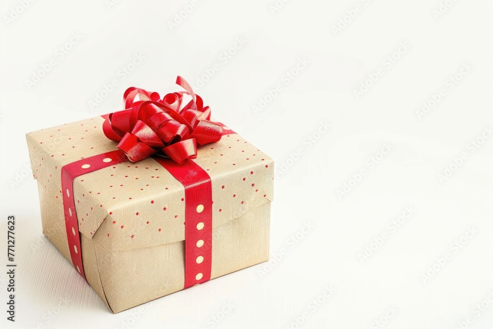 Obraz premium A wrapped gift box with a red bow on a white background