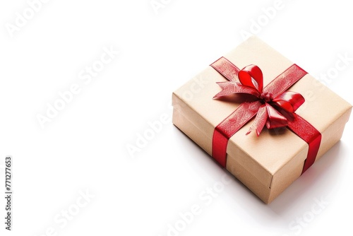 A white gift box with a red ribbon neatly wrapped around it, standing on a white background