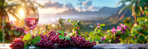 Glass of wine with grapes fruits in sunlight and grape farm, vineyard mountain background web banner and template.