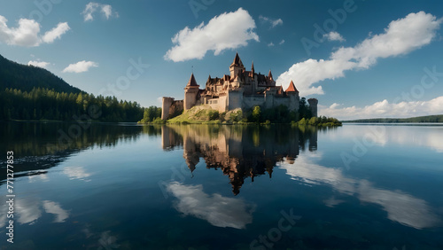 a luxury castle floats on a crystal lake photo