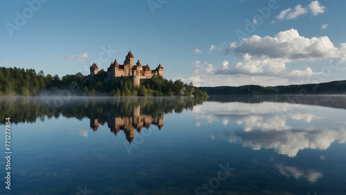 a luxury castle floats on a crystal lake