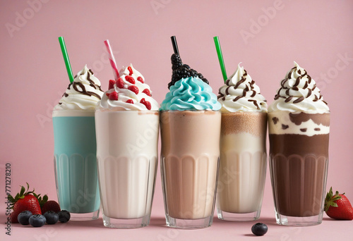 line of various milkshakes colorful background photo