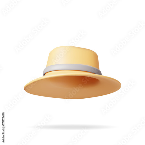 3d Unisex Straw Hat Isolated on White. Render Straw Sunhat with Ribbon. Yellow Summer Bonnet. Concept of Summer Vacation or Holiday, Time to Travel. Beach Relaxation. Realistic Vector Illustration