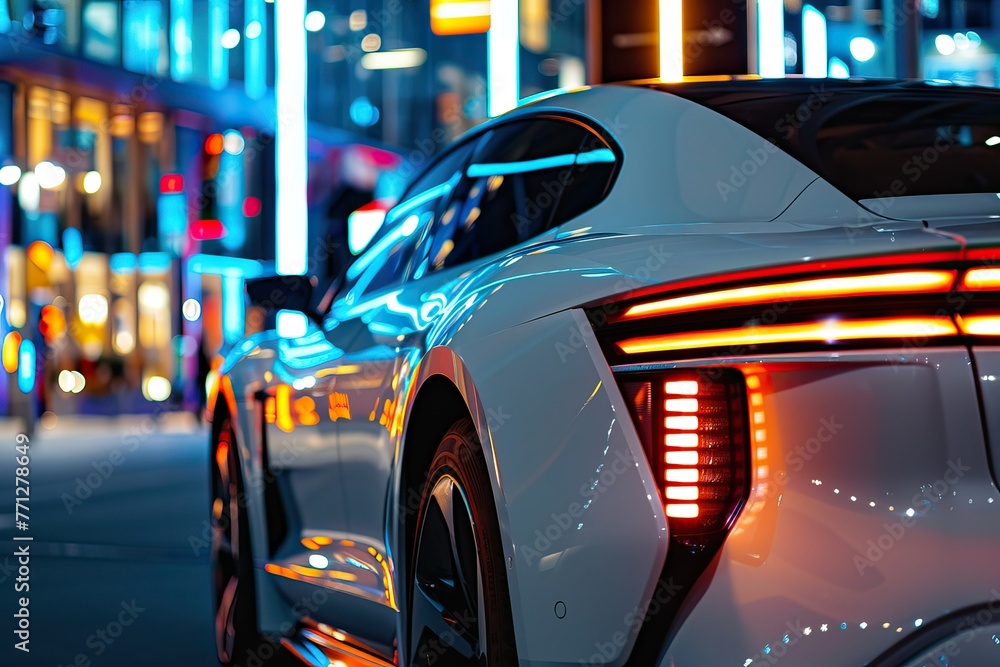 A white car is parked in front of a building with neon lights