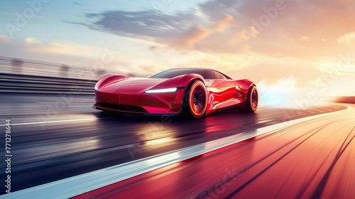 A red sports car is speeding down a track