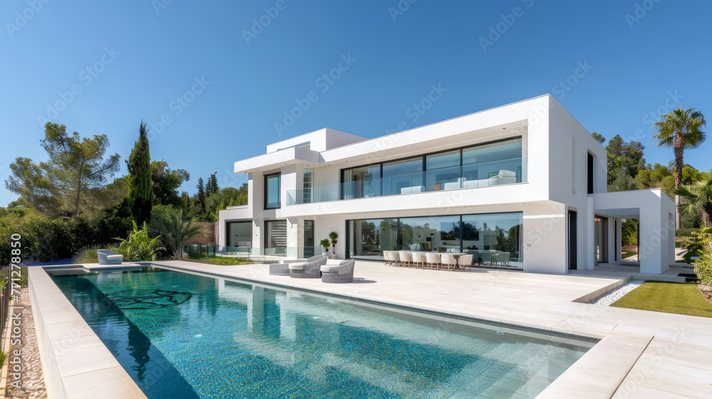 A wide shot of a modern white villa with a pool