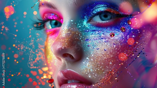 A woman with colorful makeup on her face