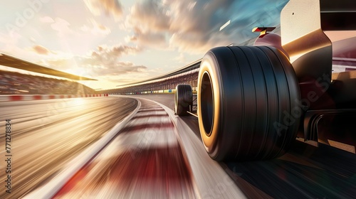 A race car is speeding down a track with a bright sun in the background © Vasili