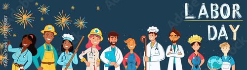 Illustration multicultural group of worker from different professions standing side by side with a celebration theme including fireworks in the background.