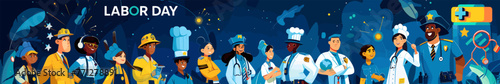 Illustration multicultural group of worker from different professions standing side by side with a celebration theme including fireworks in the background.