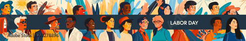 Illustration multicultural group of worker from different professions standing side by side with a celebration theme including fireworks in the background.