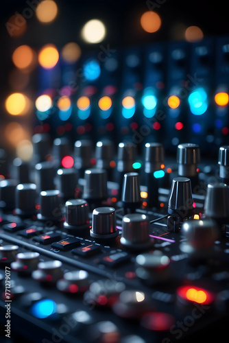 Audio mixer with blurred bokeh background. Showbiz background. Background template for event promotion and entertainment