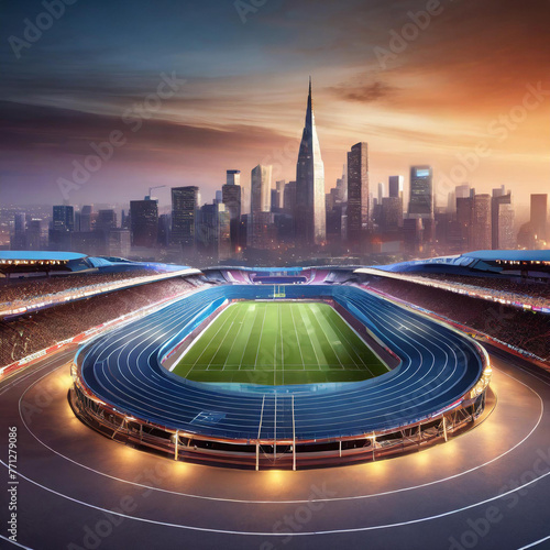 3D Illuminated race track stadium at dusk with city skyline in background