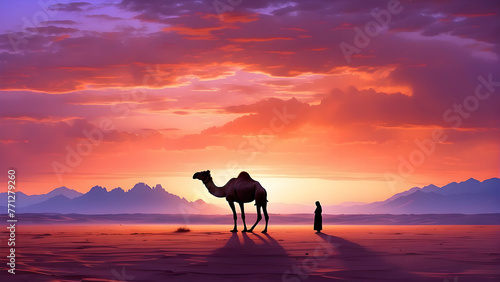 majestic camel stands in the desert against the backdrop of golden sunset