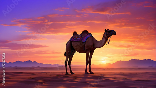 Camel standing in the desert with sunset background 