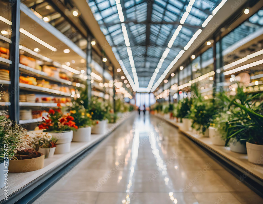 A department store interior is captured in a blurry and defocused manner, showcasing an empty building devoid of any individuals or activity.