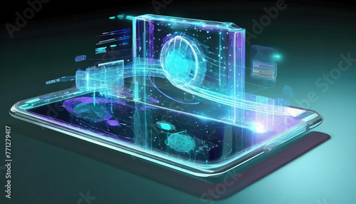 A conceptual image of a holographic communication device displaying a lifelike 3D projection
