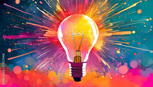 A creative depiction of a light bulb exploding, symbolizing the birth of a new idea or innovation with dynamic energy and inspiration