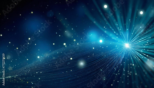 A dark blue abstract background featuring a glow particle effect. The image includes abstract blue lights and star particles  forming a captivating scene with dots on a dark