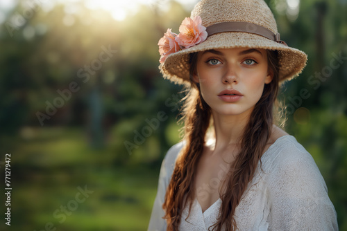A young woman with striking eyes is wearing a straw hat adorned with pink flowers. She is gazing directly at the camera with a serene expression, and the warm glow of sunset is seen through the trees.