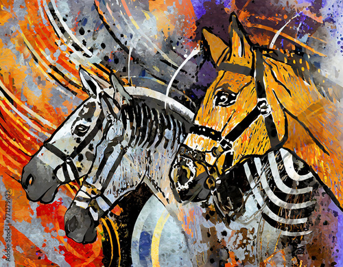 Abstract painting with metal elements, texture background, animals, horses, etc.