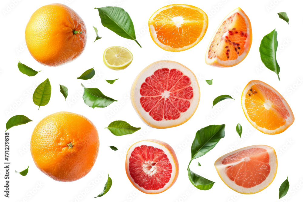 Oranges with half slices falling or floating in the air with green leaves isolated on background, Fresh organic fruit with high vitamins and minerals. Oranges with half slices falling or floating in the air with green leaves isolated on background, Fresh organic fruit with high vitamins and minerals.