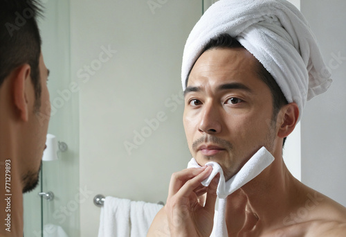 Man wiping face with towel Skincare Image colorful background photo