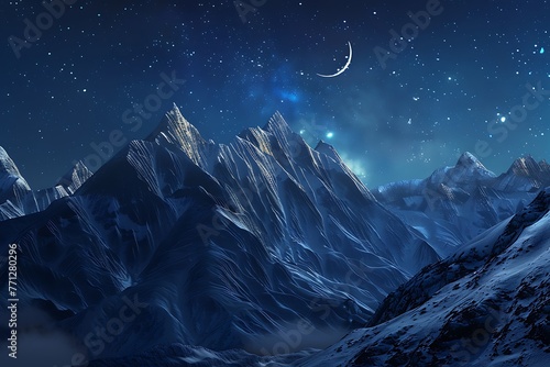 : A breathtaking view of a mountain range at night, with the moon and stars illuminating the peaks