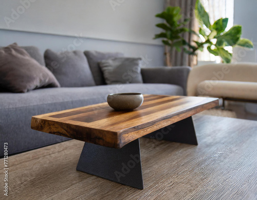 Close up of natural wood rustic live edge coffee table near grey sofa. Minimalist home interior design of modern living room.