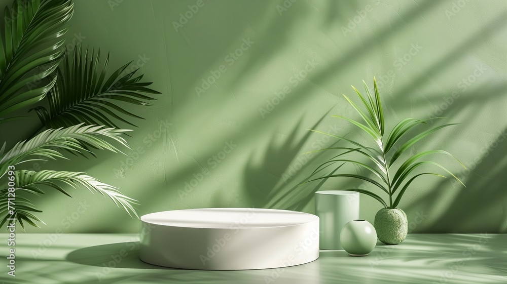 Indoor Tropical Flora with Lush Green Palm Leaves. green 3d podium background Indoor Tropical Flora with Lush Green Palm Leaves. green 3d podium background