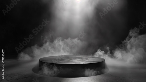Podium black dark smoke background product platfor abstract stage texture fog spotlight , smoky dust.