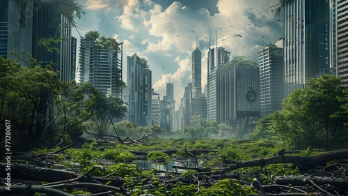 Bright post-apocalyptic city street with destroyed buildings & forest. Generative AI 