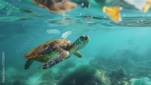 Sea turtle trapped in a plastic bag and bottle, Stop ocean plastic pollution concept. Generative AI