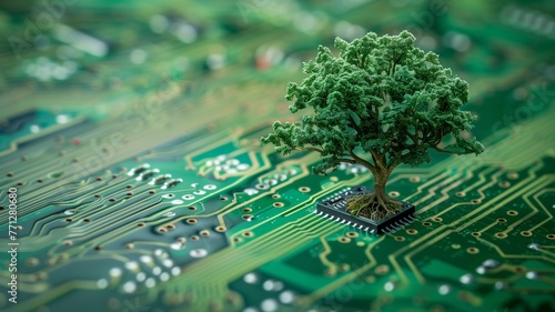Digital green tree on computer circuit board, innovation and sustainability concept, Generative AI illustration © Philip