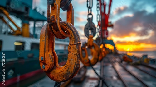 Envision crane accessories like hooks and slings being attached to loads before they are lifted into place photo