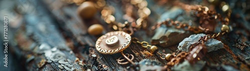 Recycled materials jewelry, earthy tones, craftsmanship detail, macro shot