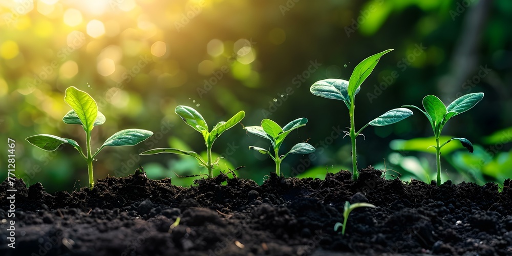 New growth sprouts in fertile soil showcasing effective water consumption and carbon dioxide removal in agriculture. Concept Agricultural Sustainability, Soil Health, Carbon Sequestration - obrazy, fototapety, plakaty 